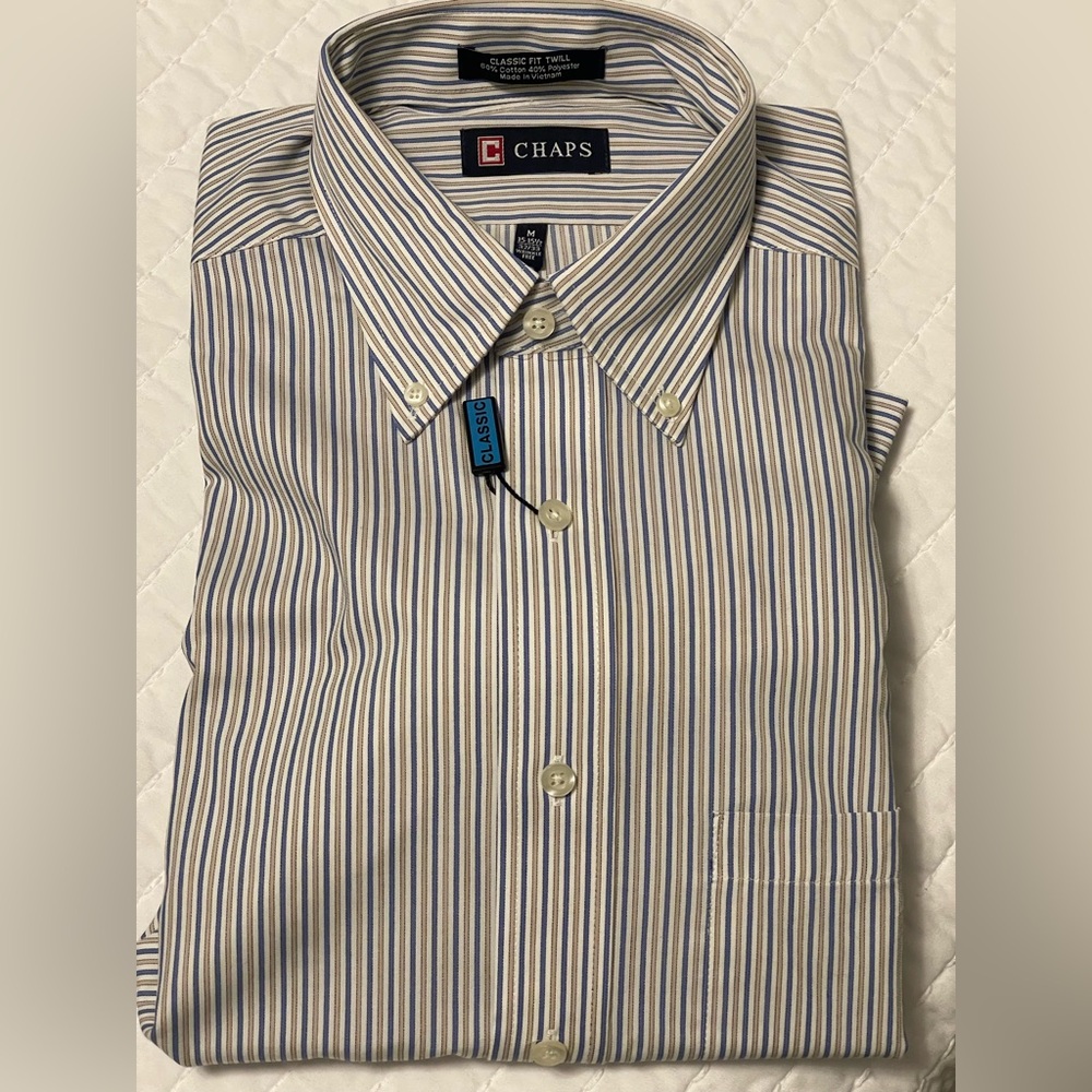 Chaps Men’s Button-Down Stripe Dress Shirt in Blue, White and Tan Stripe